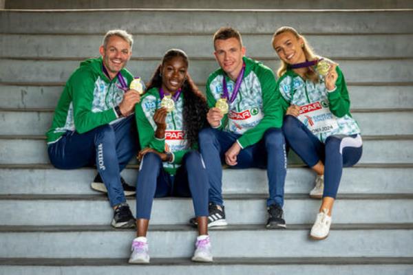 STEPS OF ROME: Ireland’s Chris O’Donnell, Rhasidat Adeleke, Tom Barr and Sharlene Mawdsley celebrate with their gold medals after the Mixed 4x400m Relay Final Medal Ceremony. Pic: INPHO/Morgan Treacy